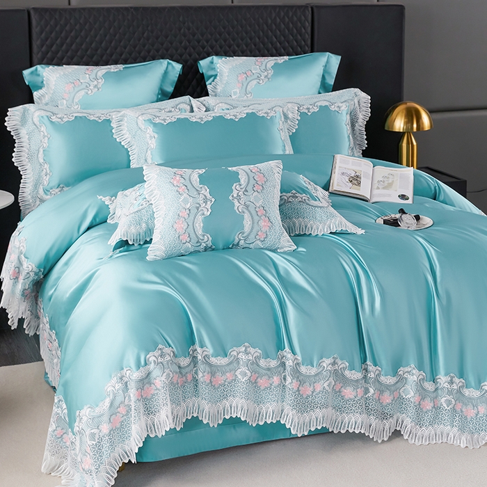 91家纺网 家纺一手货源 找家纺 缔缦 2023新款A版真丝棉B版60s长绒棉高端蕾丝四件套系列-伊芙琳 翠蓝