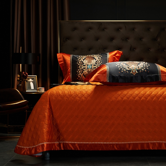 91家纺网 家纺一手货源 找家纺 缔缦 2023新款A版真丝棉B版60s长绒棉高端蕾丝四件套系列-伊莲娜 桔色