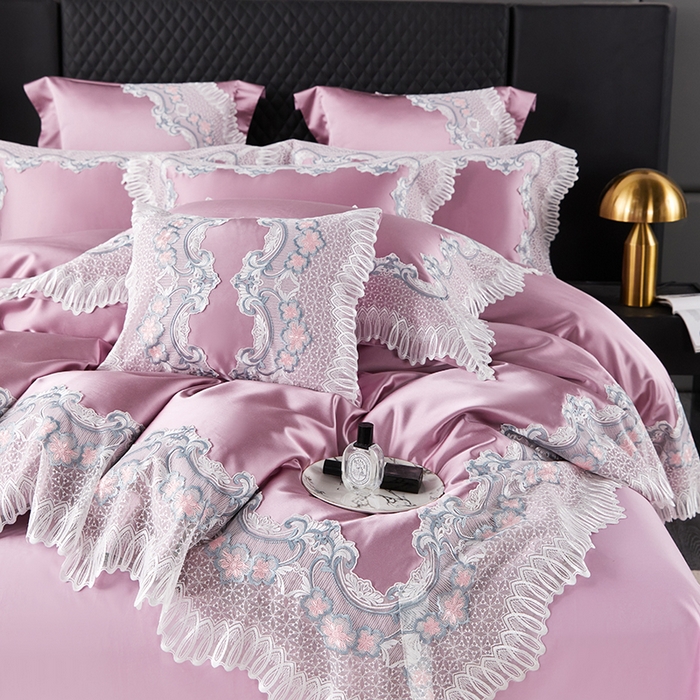 91家纺网 家纺一手货源 找家纺 缔缦 2023新款A版真丝棉B版60s长绒棉高端蕾丝四件套系列-伊芙琳 豆沙粉