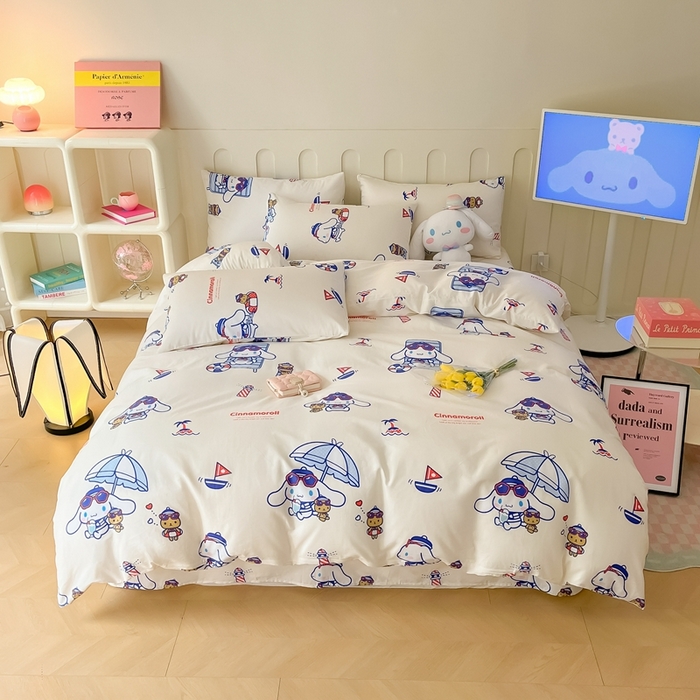 91家纺网 家纺一手货源 找家纺 博雅 2023新款三丽鸥卡通全棉四件套系列-第三批 度假玉桂狗