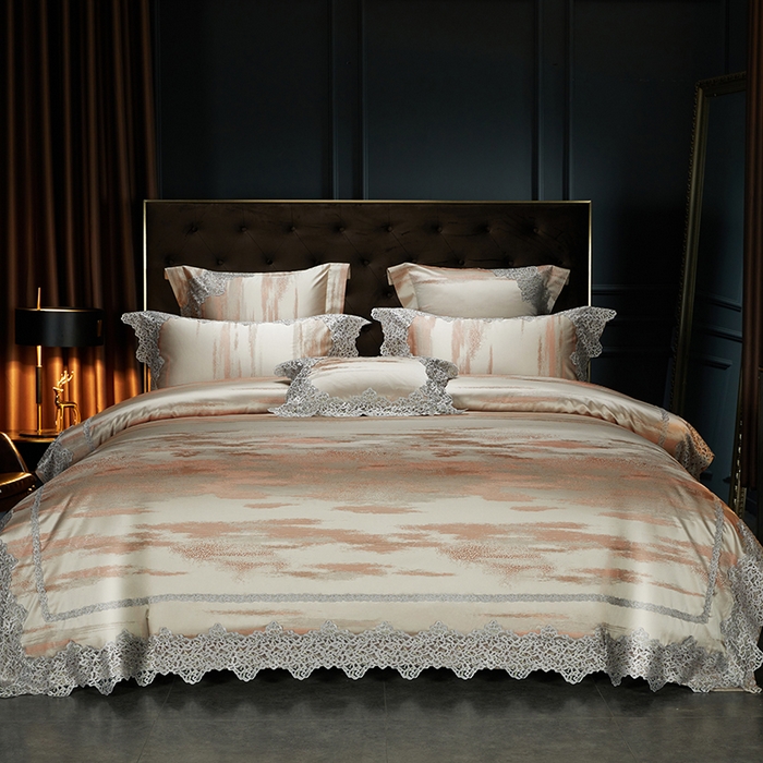 91家纺网 家纺一手货源 找家纺 缔缦 2023新款A版真丝棉B版60s长绒棉高端蕾丝四件套系列-山水一城  咖色