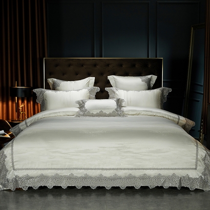 缔缦 2023新款A版真丝棉B版60s长绒棉高端蕾丝四件套系列-山水一城  浅米色