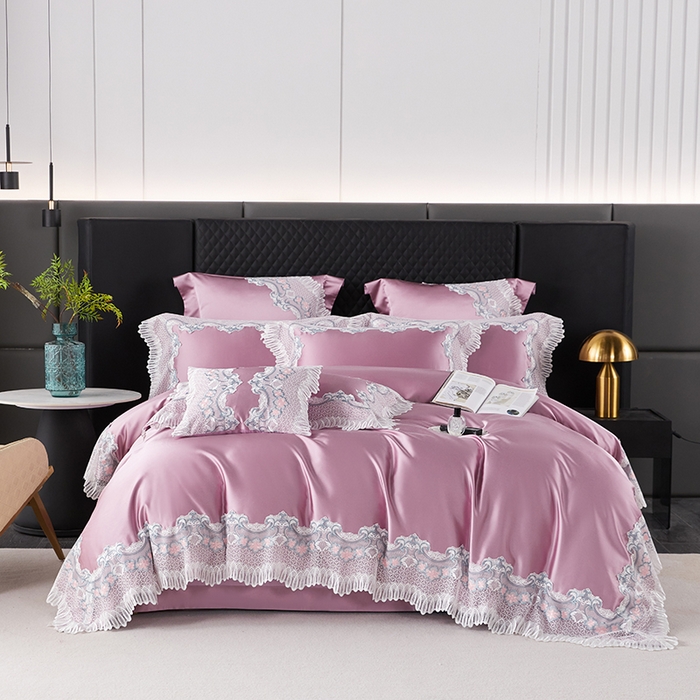 91家纺网 家纺一手货源 找家纺 缔缦 2023新款A版真丝棉B版60s长绒棉高端蕾丝四件套系列-伊芙琳 豆沙粉