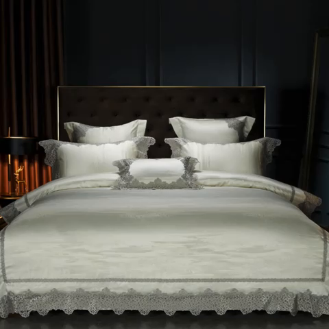 91家纺网 家纺一手货源 找家纺 缔缦 2023新款A版真丝棉B版60s长绒棉高端蕾丝四件套系列-山水一城  浅米色