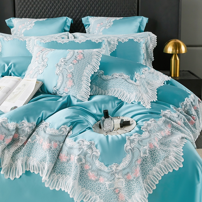 91家纺网 家纺一手货源 找家纺 缔缦 2023新款A版真丝棉B版60s长绒棉高端蕾丝四件套系列-伊芙琳 翠蓝
