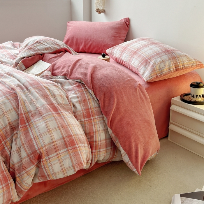 91家纺网 家纺一手货源 找家纺 水洗的故事 2023新款色织水洗棉牛奶绒双用四件套 梨落