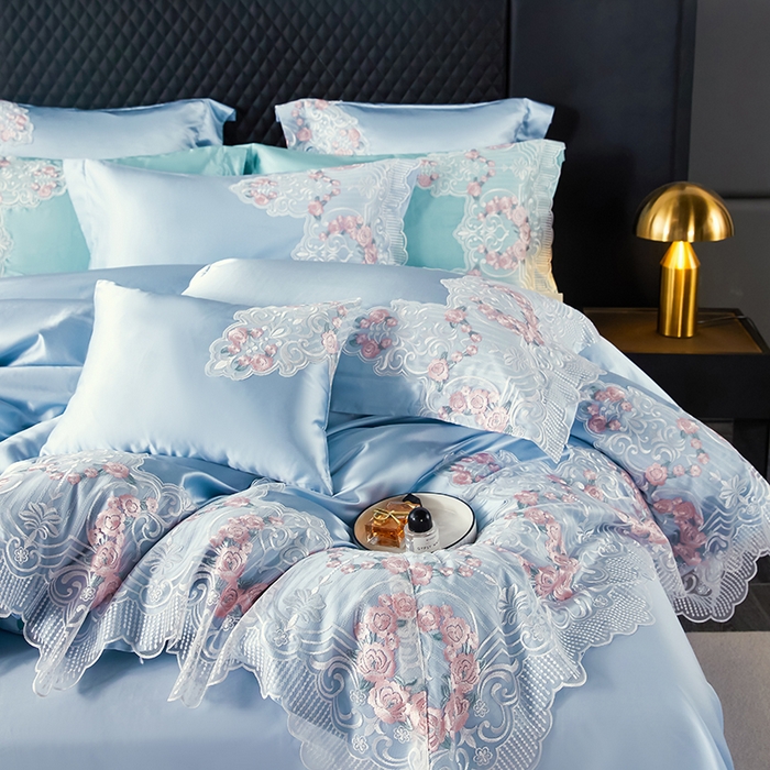 91家纺网 家纺一手货源 找家纺 缔缦 2023新款A版真丝棉B版60s长绒棉高端蕾丝四件套系列-蔷薇花园 蓝