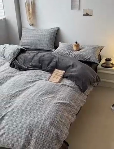 91家纺网 家纺一手货源 找家纺 水洗的故事 2023新款色织水洗棉牛奶绒双用四件套 利奥