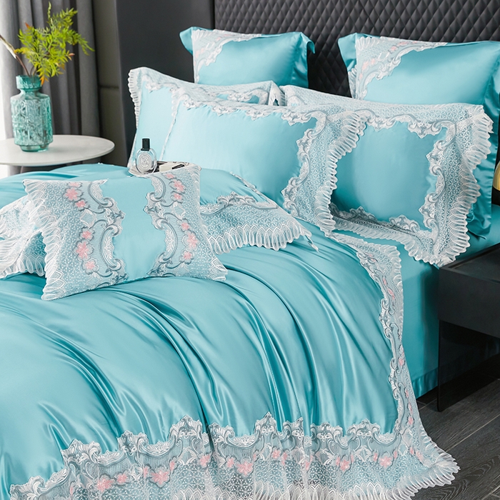 91家纺网 家纺一手货源 找家纺 缔缦 2023新款A版真丝棉B版60s长绒棉高端蕾丝四件套系列-伊芙琳 翠蓝