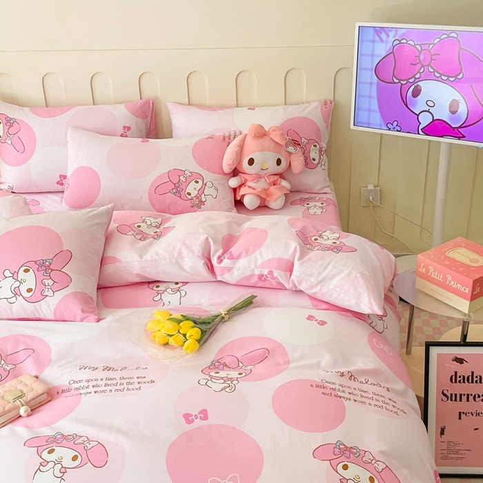 91家纺网 家纺一手货源 找家纺 博雅 2023新款三丽鸥卡通全棉四件套系列-第三批 波点美乐蒂