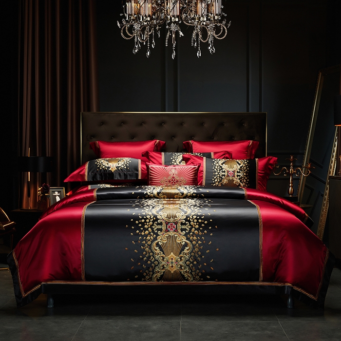 91家纺网 家纺一手货源 找家纺 缔缦 2023新款A版真丝棉B版60s长绒棉高端蕾丝四件套系列-伊莲娜 酒红