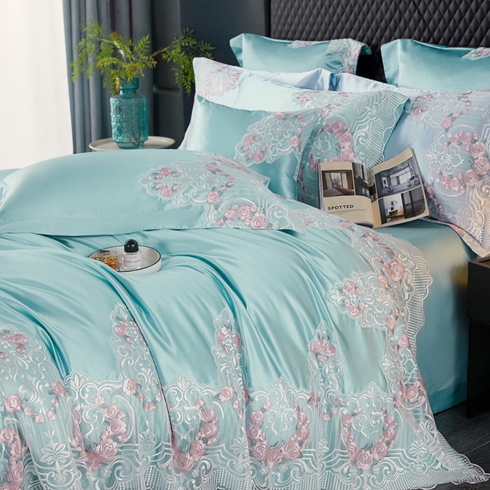 91家纺网 家纺一手货源 找家纺 缔缦 2023新款A版真丝棉B版60s长绒棉高端蕾丝四件套系列-蔷薇花园 绿