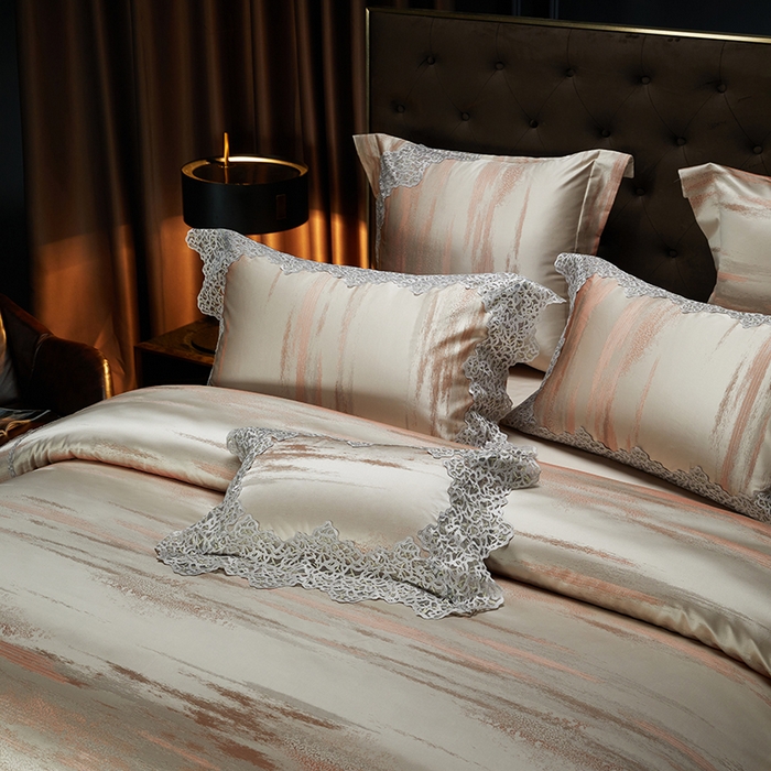 91家纺网 家纺一手货源 找家纺 缔缦 2023新款A版真丝棉B版60s长绒棉高端蕾丝四件套系列-山水一城  咖色