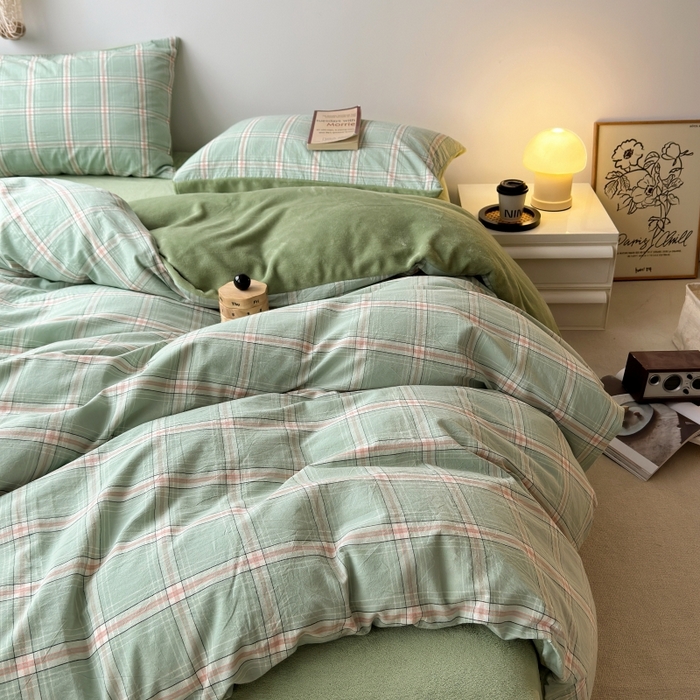 91家纺网 家纺一手货源 找家纺 水洗的故事 2023新款色织水洗棉牛奶绒双用四件套 莫妮卡