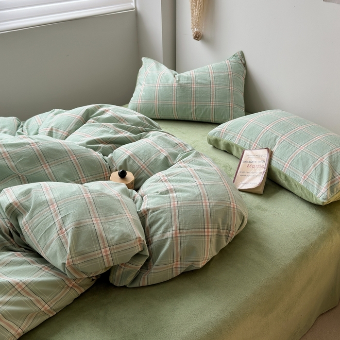 91家纺网 家纺一手货源 找家纺 水洗的故事 2023新款色织水洗棉牛奶绒双用四件套 莫妮卡