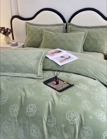 91家纺网 家纺一手货源 找家纺 优乐家纺 2025新款高克重宝宝绒夹棉床盖四件套 爱丽丝-青春绿