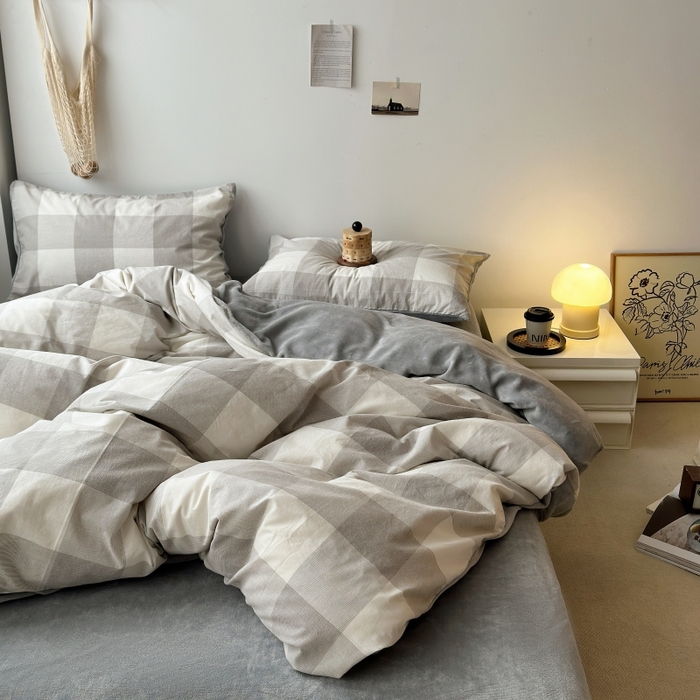 91家纺网 家纺一手货源 找家纺 水洗的故事 2023新款色织水洗棉牛奶绒双用四件套 格森