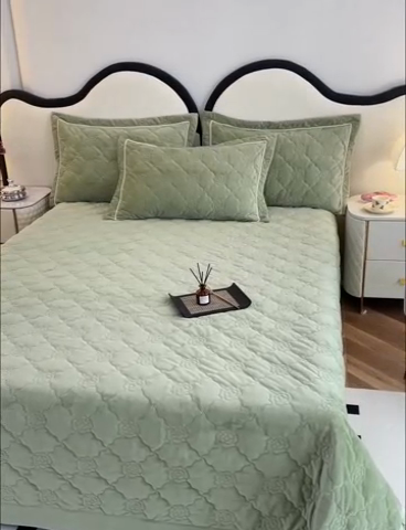 91家纺网 家纺一手货源 找家纺 优乐家纺 2025新款高克重宝宝绒夹棉床盖系列三件套 爱丽丝-青春绿