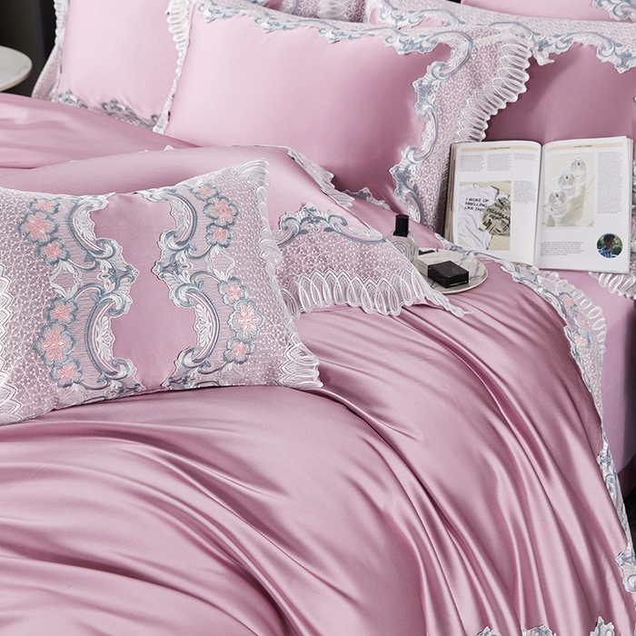 91家纺网 家纺一手货源 找家纺 缔缦 2023新款A版真丝棉B版60s长绒棉高端蕾丝四件套系列-伊芙琳 豆沙粉