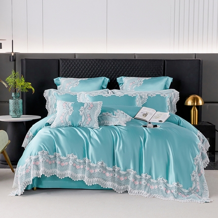 缔缦 2023新款A版真丝棉B版60s长绒棉高端蕾丝四件套系列-伊芙琳 翠蓝