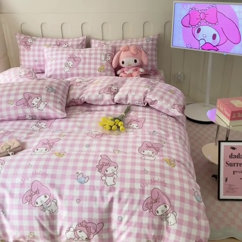 91家纺网 家纺一手货源 找家纺 博雅 2023新款三丽鸥卡通全棉四件套系列-第三批 粉格美乐蒂