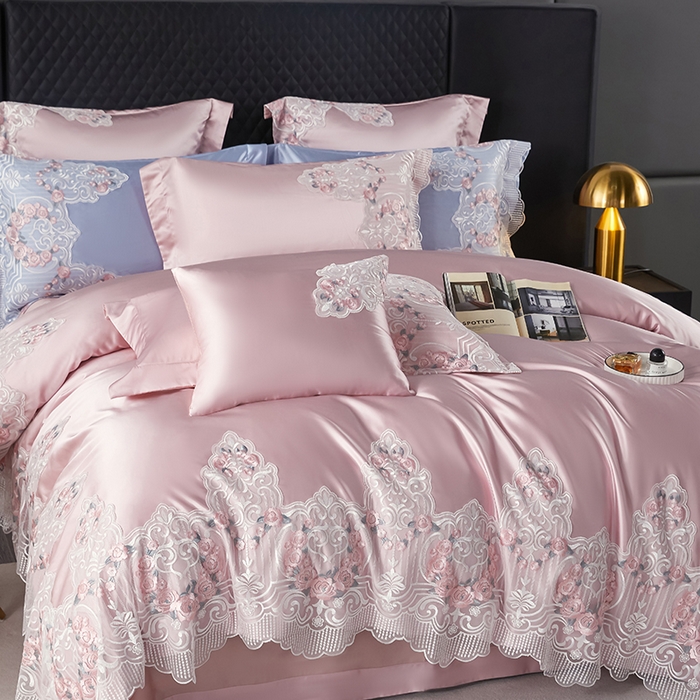 91家纺网 家纺一手货源 找家纺 缔缦 2023新款A版真丝棉B版60s长绒棉高端蕾丝四件套系列-蔷薇花园 粉