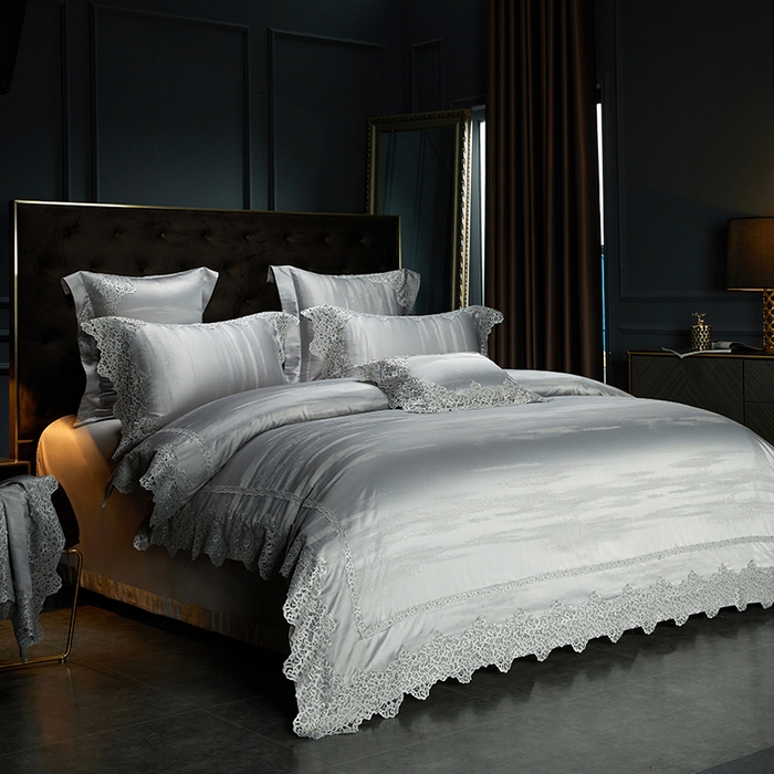 91家纺网 家纺一手货源 找家纺 缔缦 2023新款A版真丝棉B版60s长绒棉高端蕾丝四件套系列-山水一城  高级灰