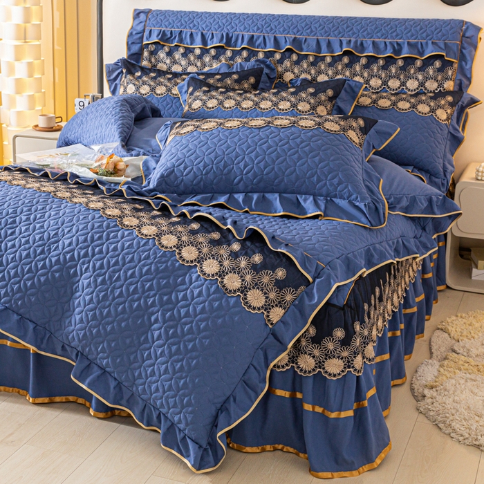 91家纺网 家纺一手货源 找家纺 靓生活 2023新款夹棉绗缝床裙四件套-金玉良缘 宝蓝