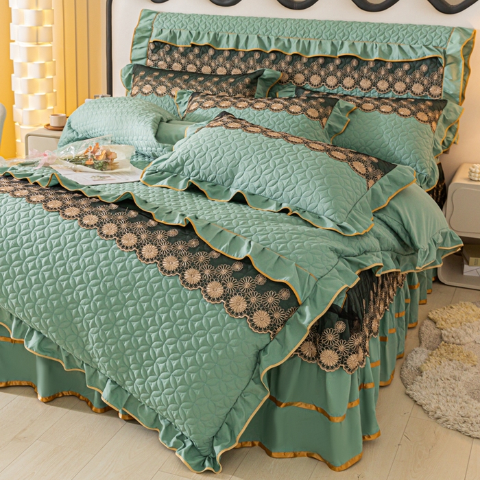 91家纺网 家纺一手货源 找家纺 靓生活 2023新款夹棉绗缝床裙四件套-金玉良缘 豆绿