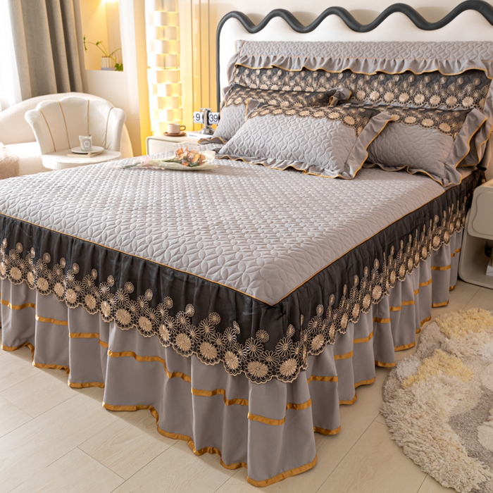 91家纺网 家纺一手货源 找家纺 靓生活 2023新款夹棉绗缝床裙三件套-金玉良缘 绅士灰