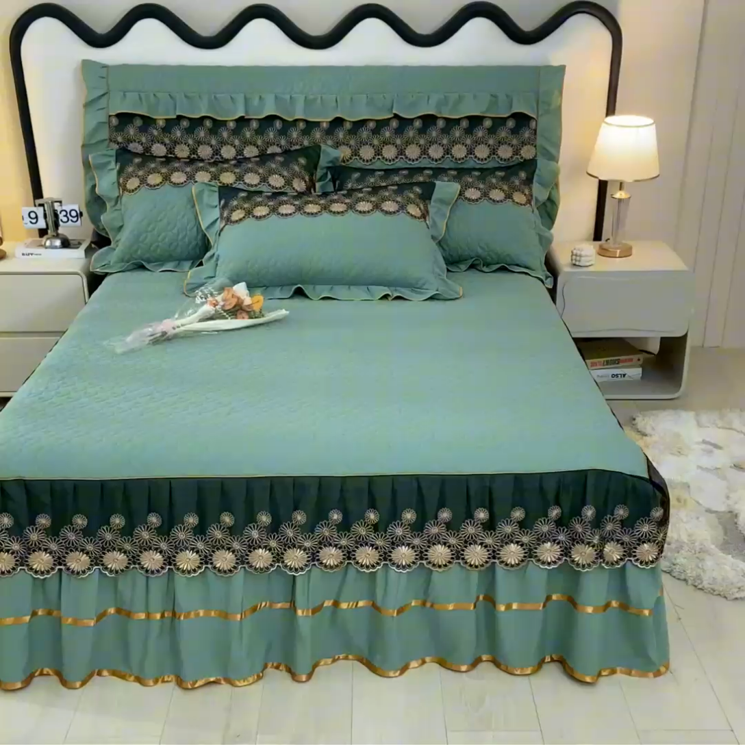 91家纺网 家纺一手货源 找家纺 靓生活 2023新款夹棉绗缝床裙三件套-金玉良缘 果绿