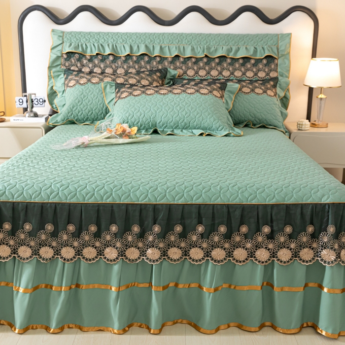 91家纺网 家纺一手货源 找家纺 靓生活 2023新款夹棉绗缝床裙三件套-金玉良缘 果绿