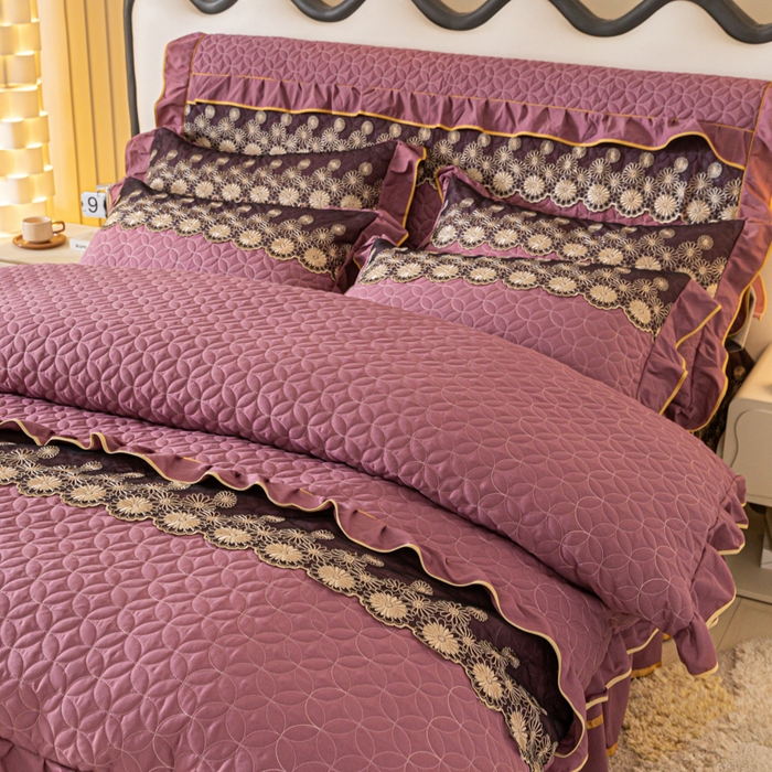 91家纺网 家纺一手货源 找家纺 靓生活 2023新款夹棉绗缝床裙四件套-金玉良缘 优雅紫