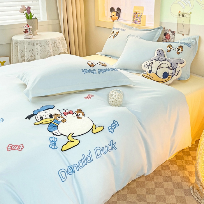 91家纺网 家纺一手货源 找家纺 （总）娜娜 2023新款水洗磨毛毛巾绣四件套-唐老鸭