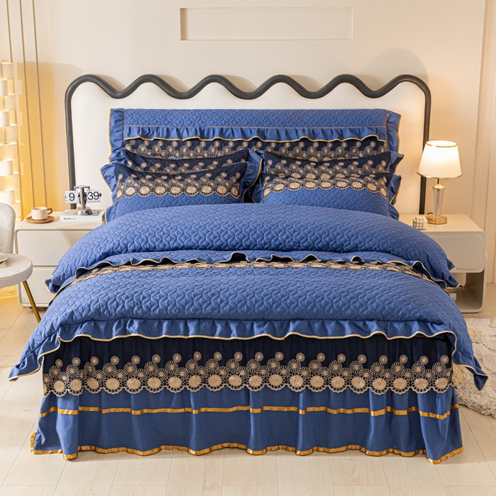 91家纺网 家纺一手货源 找家纺 靓生活 2023新款夹棉绗缝床裙四件套-金玉良缘 宝蓝
