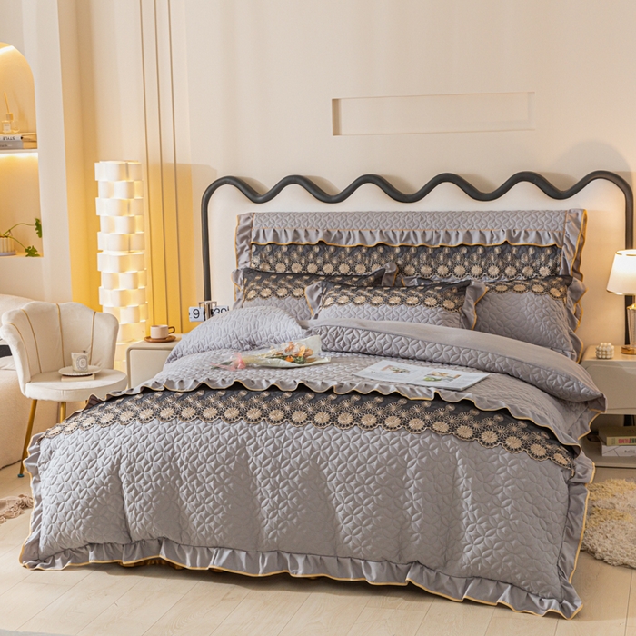 91家纺网 家纺一手货源 找家纺 靓生活 2023新款夹棉绗缝床裙四件套-金玉良缘 绅士灰