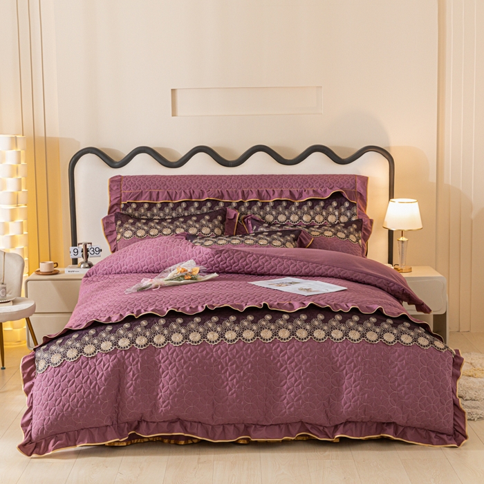 91家纺网 家纺一手货源 找家纺 靓生活 2023新款夹棉绗缝床裙四件套-金玉良缘 优雅紫