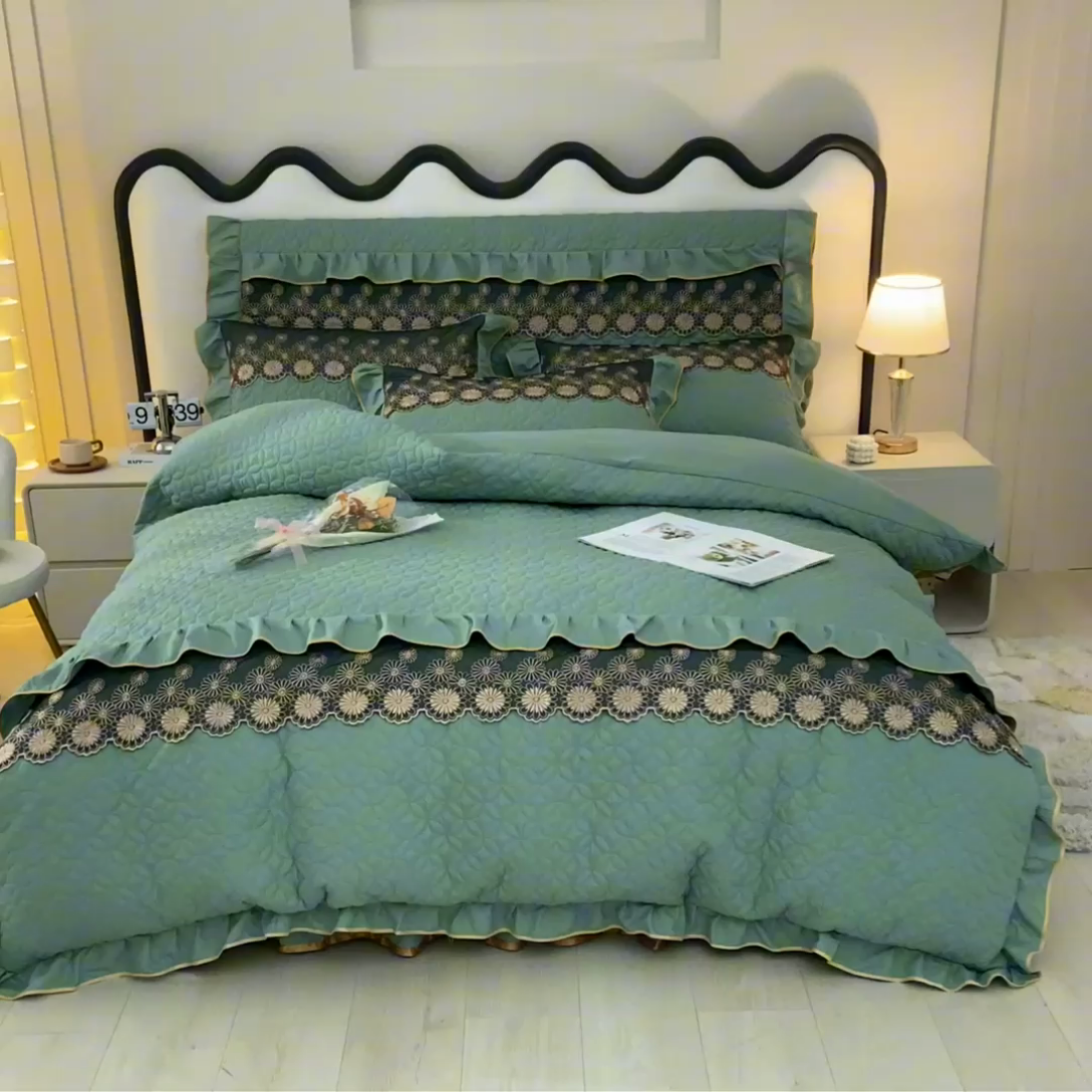 91家纺网 家纺一手货源 找家纺 靓生活 2023新款夹棉绗缝床裙四件套-金玉良缘 豆绿