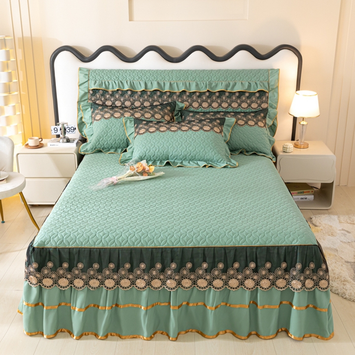 91家纺网 家纺一手货源 找家纺 靓生活 2023新款夹棉绗缝床裙三件套-金玉良缘 果绿