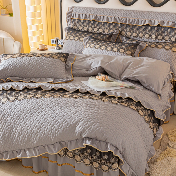 91家纺网 家纺一手货源 找家纺 靓生活 2023新款夹棉绗缝床裙四件套-金玉良缘 绅士灰