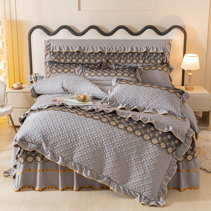 91家纺网 家纺一手货源 找家纺 靓生活 2023新款夹棉绗缝床裙四件套-金玉良缘 绅士灰