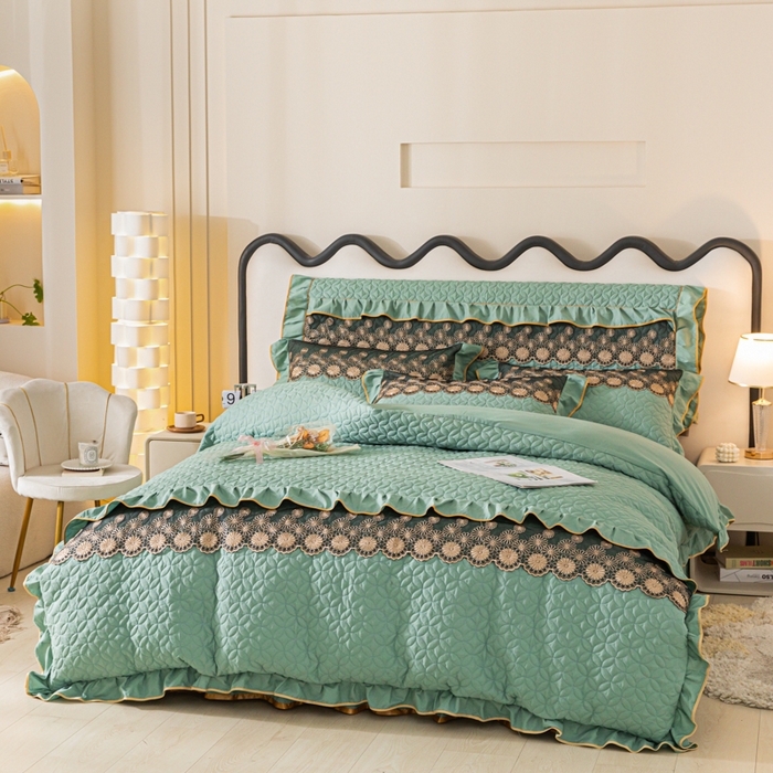 91家纺网 家纺一手货源 找家纺 靓生活 2023新款夹棉绗缝床裙四件套-金玉良缘 豆绿