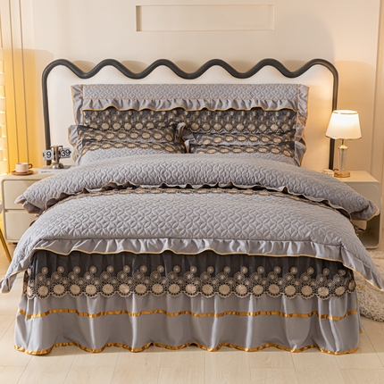 靓生活 2023新款夹棉绗缝床裙四件套-金玉良缘 绅士灰