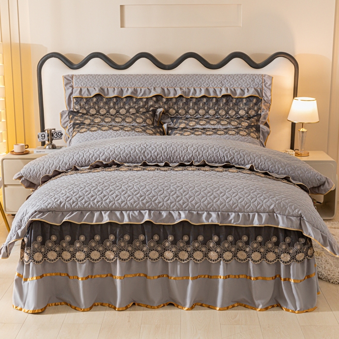 91家纺网 家纺一手货源 找家纺 靓生活 2023新款夹棉绗缝床裙四件套-金玉良缘 绅士灰