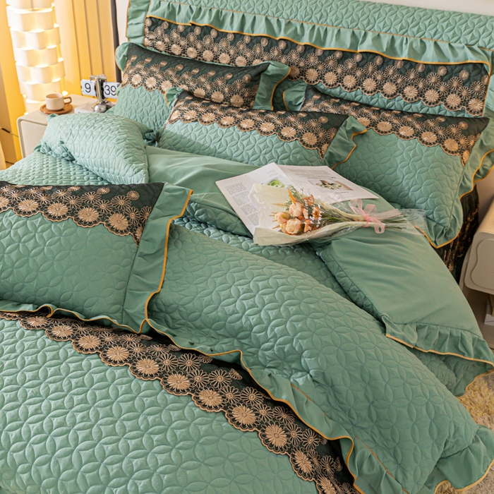 91家纺网 家纺一手货源 找家纺 靓生活 2023新款夹棉绗缝床裙四件套-金玉良缘 豆绿