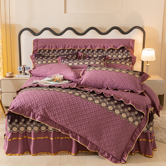91家纺网 家纺一手货源 找家纺 靓生活 2023新款夹棉绗缝床裙四件套-金玉良缘 优雅紫