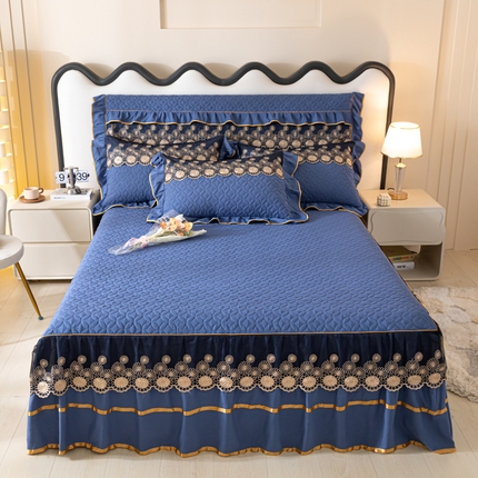 靓生活 2023新款夹棉绗缝床裙三件套-金玉良缘 宝蓝