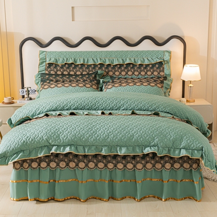 91家纺网 家纺一手货源 找家纺 （总）靓生活 2023爆款纯色欧式花边加厚水洗棉磨毛夹棉绗缝床裙四件套三件套-金玉良缘