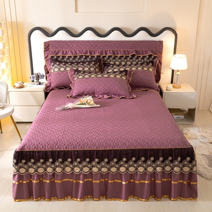 靓生活 2023新款夹棉绗缝床裙三件套-金玉良缘 优雅紫