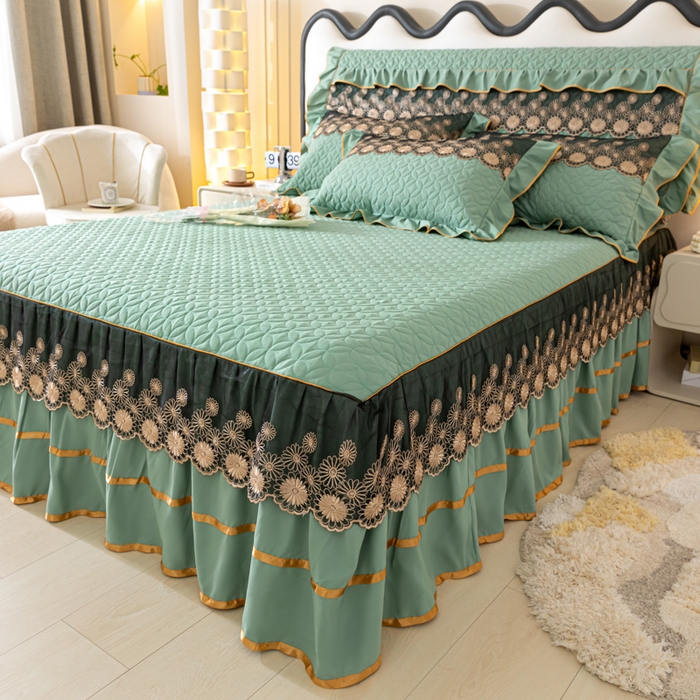 91家纺网 家纺一手货源 找家纺 靓生活 2023新款夹棉绗缝床裙三件套-金玉良缘 果绿